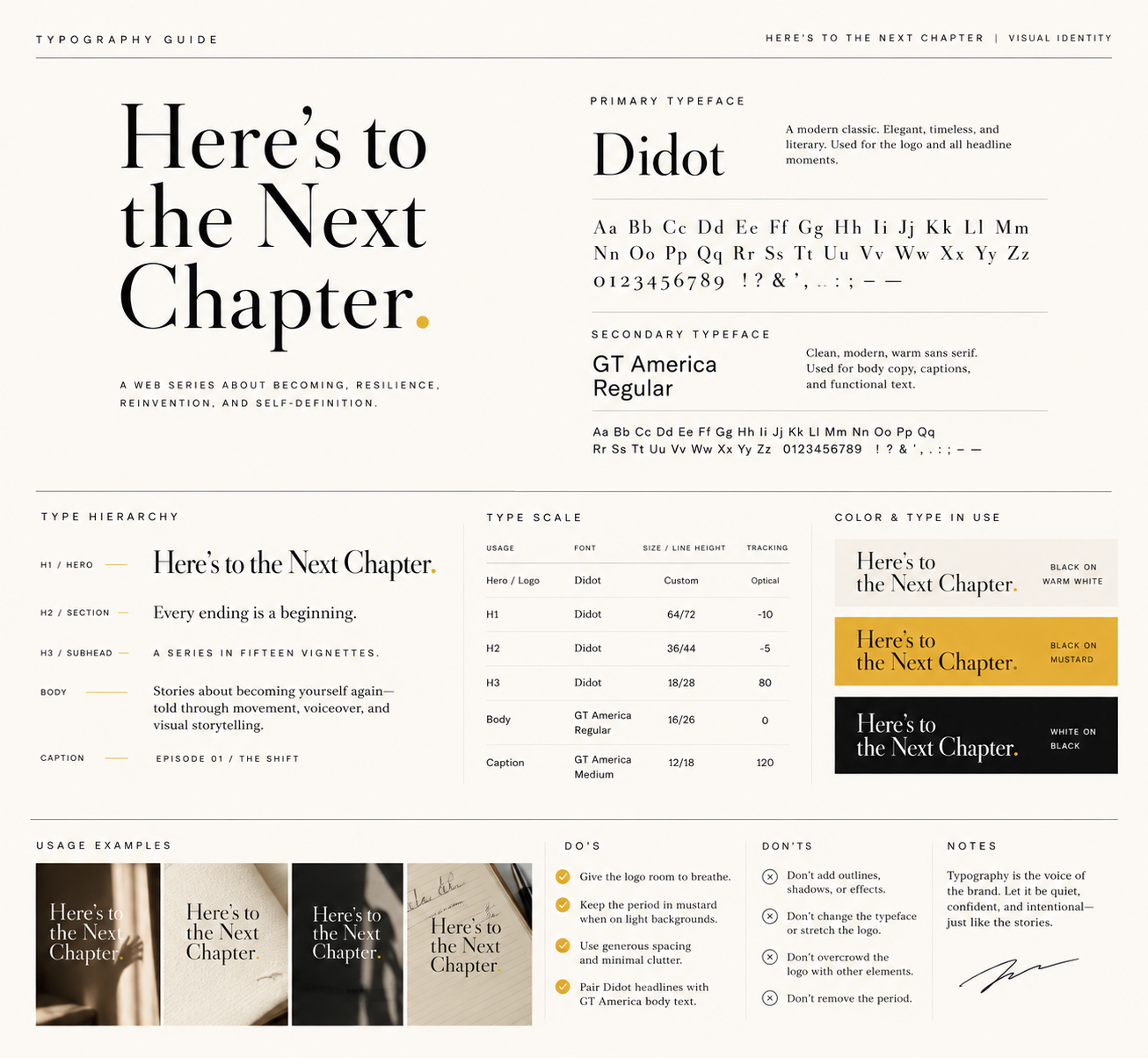Typography Guide showing Didot and GT America with hierarchy and usage examples.